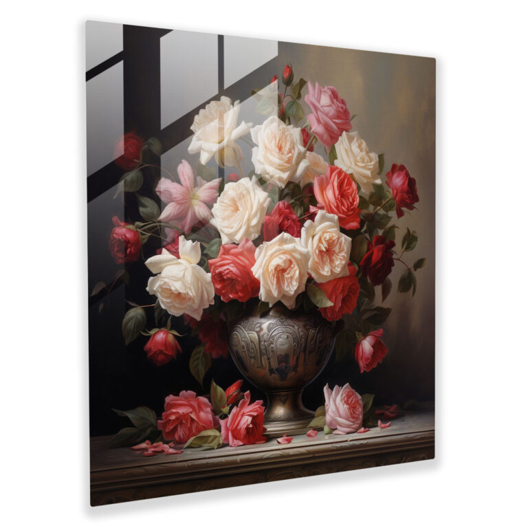 Elegant Floral Glass Print - Classical Oil Painting Rose Bouquet Glass Wall Art - Home Decoration