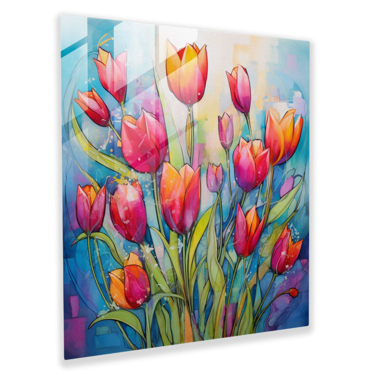 Vibrant Fusion Glass Print - Contemporary Mixed Media Tulips Glass Wall Art - Home Decoration