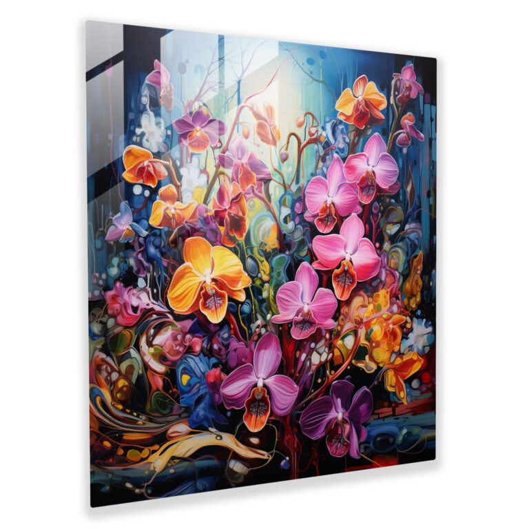 Passionate Blossoms Glass Print - Neo-Expressionist Exotic Orchids Glass Wall Art - Wall Decoration