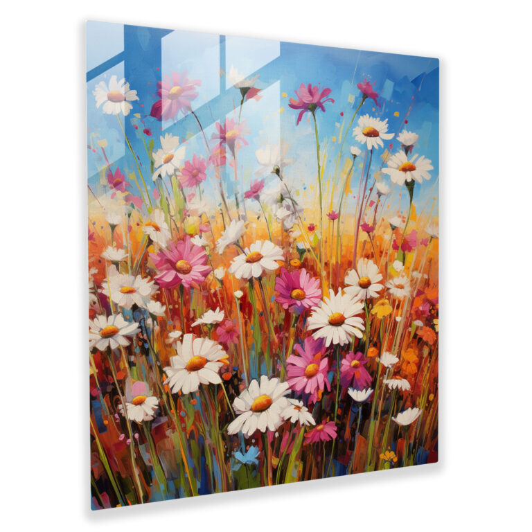 Joyful Contemporary Glass Print - Field of Daisies in Bold Colors - Glass Wall Art - Home Decoration - Wall Decor - Glass Art - Modern Artwork
