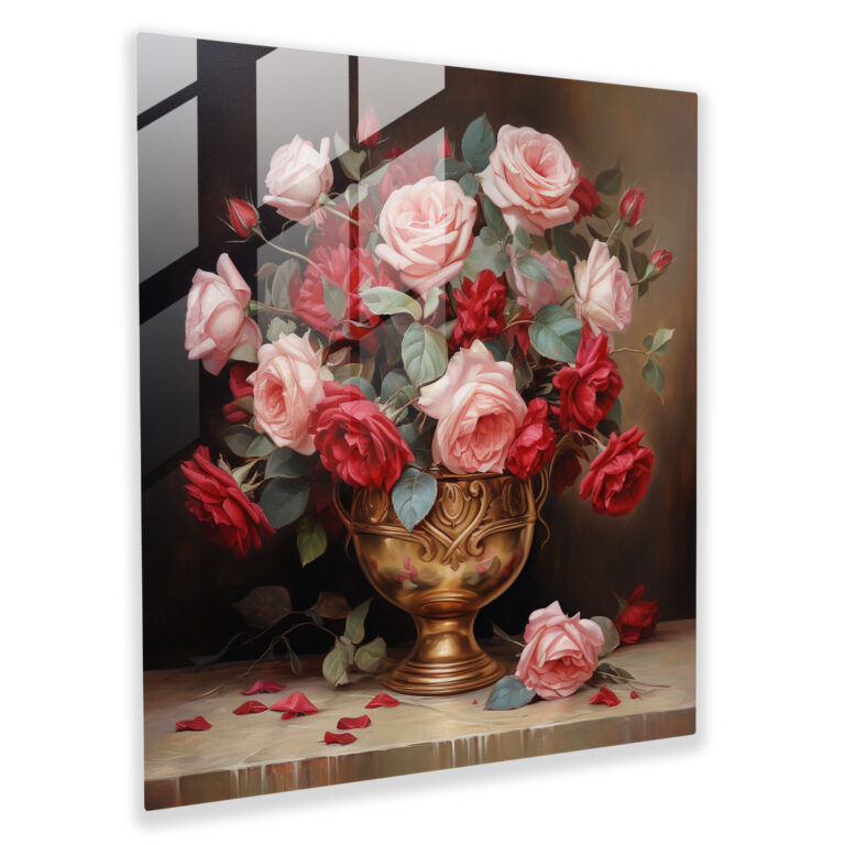 Exquisite Floral Glass Print Wall Art - Classic Oil Painting Roses Bouquet with Elegance and Sophistication - High Quality Glass Printing