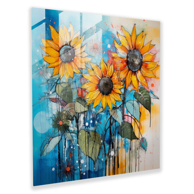 Modern Sunflowers Glass Print Wall Art - Contemporary Mixed Media Abstract with a Twist - High Quality Glass Printing
