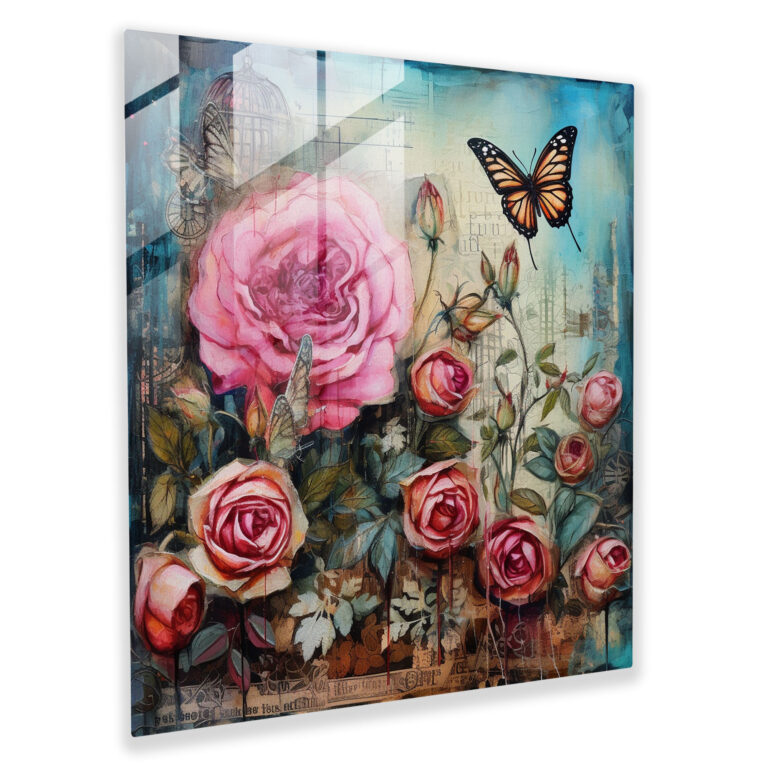 Whimsical Rose Garden Glass Print Wall Art - Romantic Mixed Media Collage with Whimsy and Romance - High Quality Glass Printing