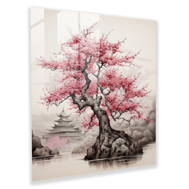 Graceful Cherry Blossom Glass Print Wall Art - Traditional Japanese Ink Wash Painting with Serenity and Tranquility - High Quality Glass Printing