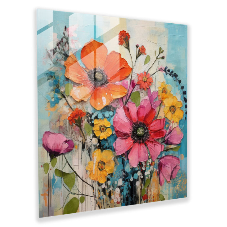 Fusion Blossoms Glass Print - Mixed Media Flower Collage Wall Decor