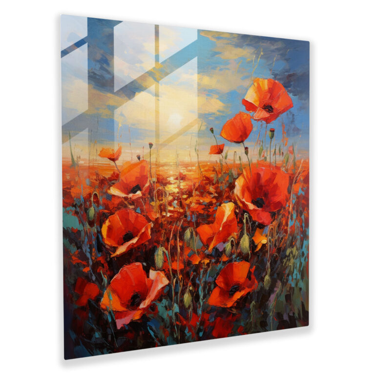 Fiery Blooms Glass Print - Impressionist Poppy Field Wall Decoration