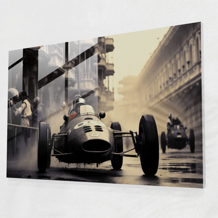 Vintage Formula 1 Glass Print - Formula 1, Wall Decoration, Home Decoration, Black And White