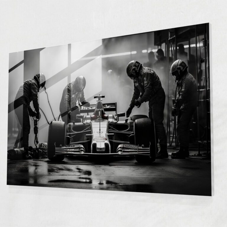 Formula 1 Pit Stop Glass Print - Formula 1, Glass Wall Art, Black And White Photograph, Formula 1