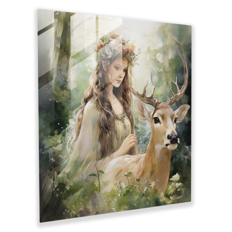 Mystical Watercolor Glass Print - Artemis in the Enchanted Forest
