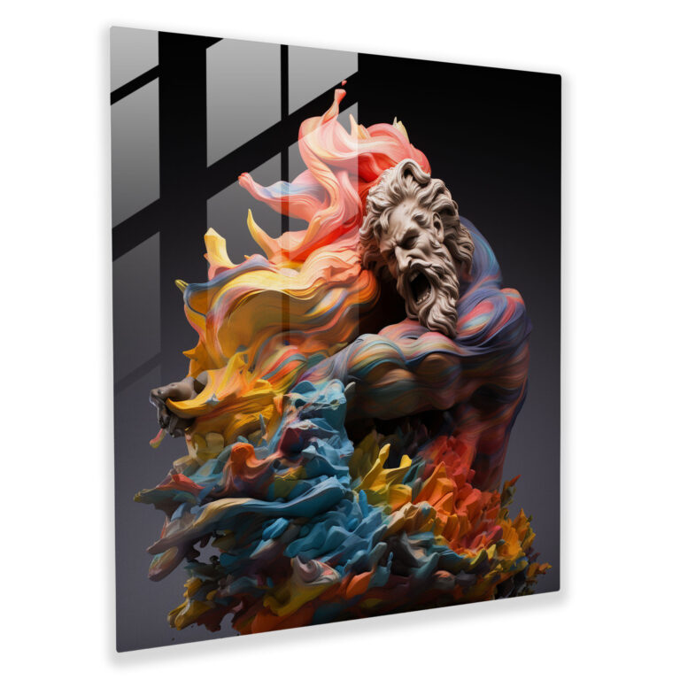 Intricate Glass Print: Contemporary Abstract Sculpture of Zeus and Poseidon Battling Amidst a Sea of Vibrant Colors - Glass Wall Art, Home Decoration, Wall Decor, Glass Art, Modern Artwork
