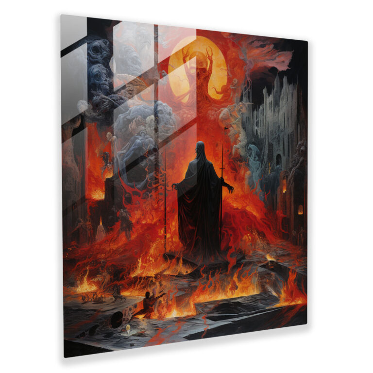 Captivating Glass Print: Expressionist Collage of Hades Ruling the Underworld Surrounded by Fiery Souls and Dark Symbolism - Glass Wall Art, Home Decoration, Wall Decor, Glass Art, Modern Artwork