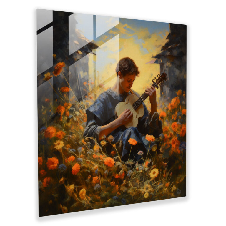 Radiant Glass Print: Impressionist Painting of Apollo Playing his Lyre under a Radiant Sun Amidst a Field of Wildflowers - Glass Wall Art, Home Decoration, Wall Decor, Glass Art, Modern Artwork