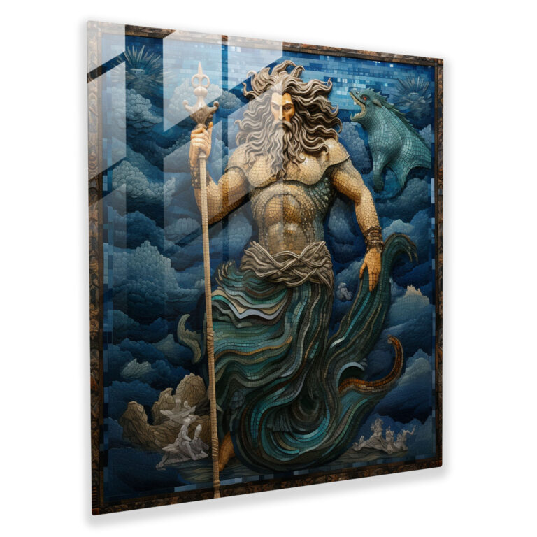 Poseidon's Azure Domination Glass Print - Mosaic Glass Wall Art for Home Decoration
