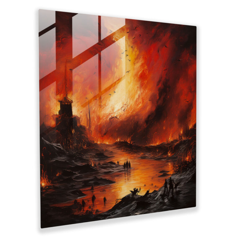 Fiery Realm Neo-Expressionist Glass Print - Gods Battling in Landscape - Glass Wall Art for Home Decoration