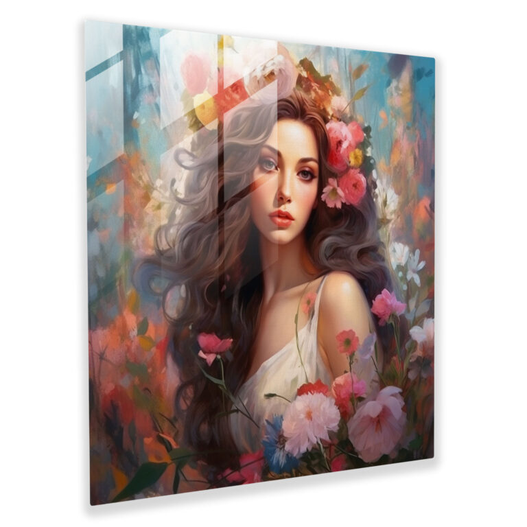 Exquisite Glass Print of Greek Goddess with Floral Ornaments