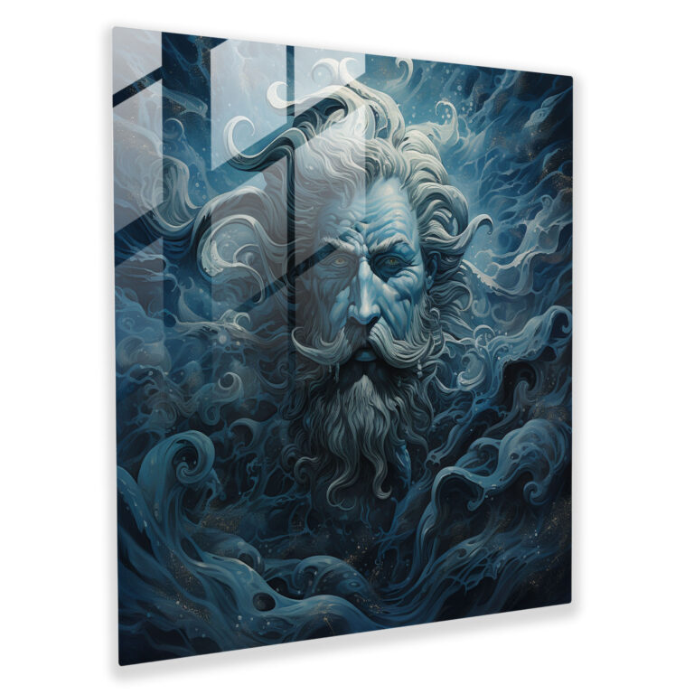 Mesmerizing Glass Print of Poseidon Emerged from Swirling Tides