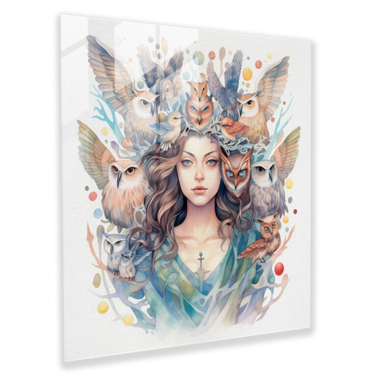 Enchanting Glass Print of Athena Surrounded by Soaring Owls - Watercolor Magic