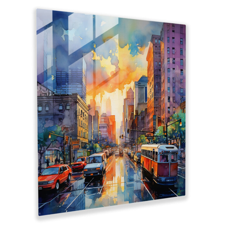 Spectacular Watercolor Glass Print - City Skyline at Sunset - Home Decoration