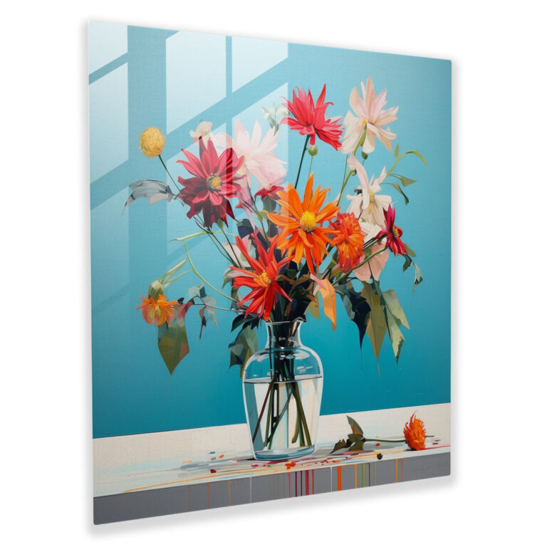 Blooming Serenity Glass Print - Vibrant Flower Arrangement in a Contemporary Still Life Painting - Minimalist Setting