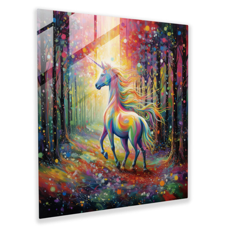 Glitter Glass Print - Rainbow Unicorn In A Magical Forest - Glitter, Wall Decoration, Magical Forest, Home Decoration
