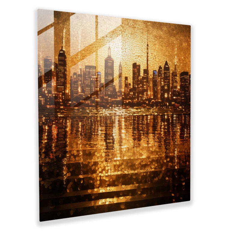 Glitter Glass Print - Bold Gold City Skyline At Sunset - Glitter, Glamorous, City Skyline, Glitter