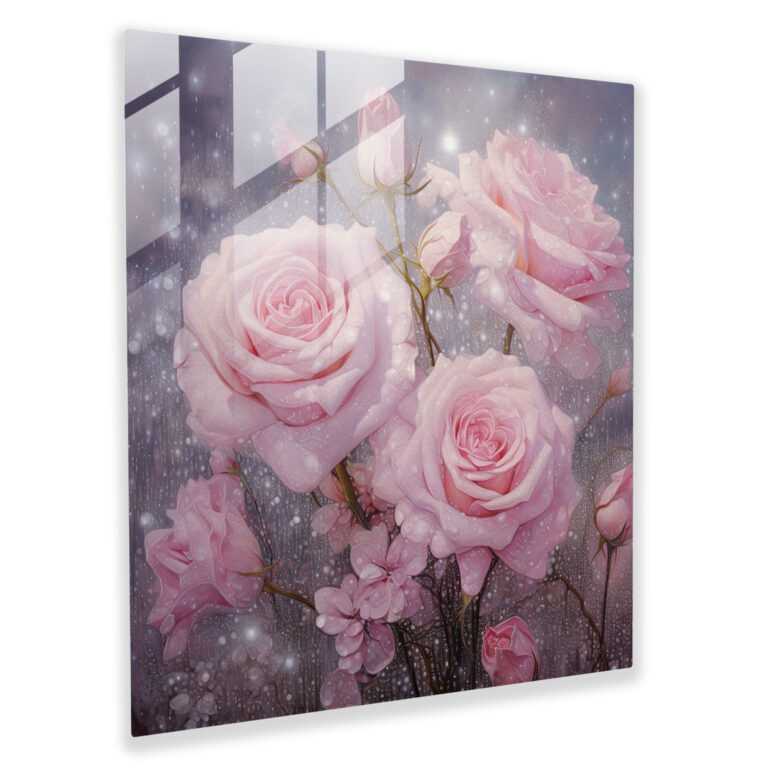 Glitter Glass Print - Soft Pink Blooming Roses In A Tranquil Garden - Glitter, Tranquil Garden, Serenity, Enchantment