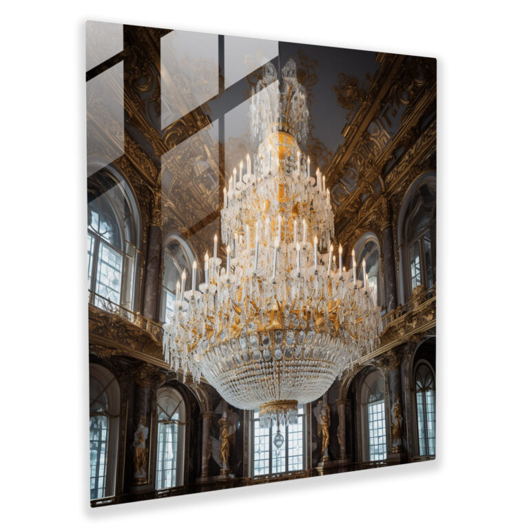 Glitter Glass Print - Opulent Silver And Gold Chandelier In A Grand Ballroom - Glitter, Ambiance, Wall Decoration, Opulent