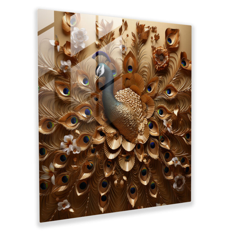 Glitter Glass Print - Glittering Champagne Gold Captivating Peacock - Glitter, Captivating, Wall Decoration, Splendor