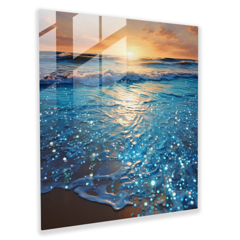 Glitter Glass Print - Sparkling Silver And Blue Ocean Sunset - Glitter, Sea, Wall Decoration, Glitter Art