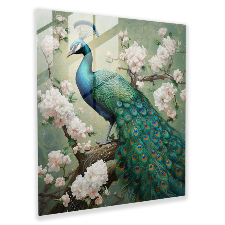Glitter Glass Print - Glittering Emerald Green Majestic Peacock - Glitter, Wall Decoration, Glass Wall Art, Majestic