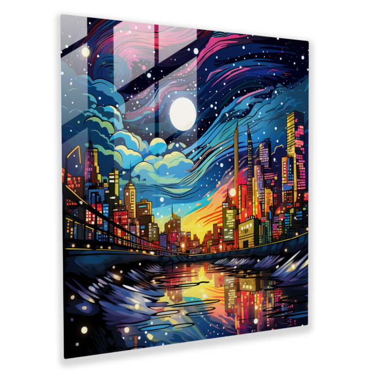 Glimmering City Glass Print - Glitter, Vibrant Cityscape, Pop Art Illustration, Glitter