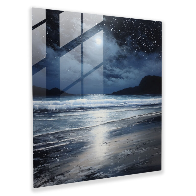 Silver Moonlit Beach Glass Print - Glitter, Moonlit Beach, Glass Print, Glass Art