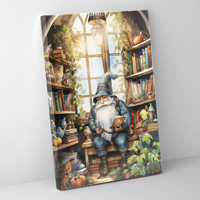 Magical Library Gnome Canvas Print - Gnome, Cozy Library, Magical Tomes, Wall Art