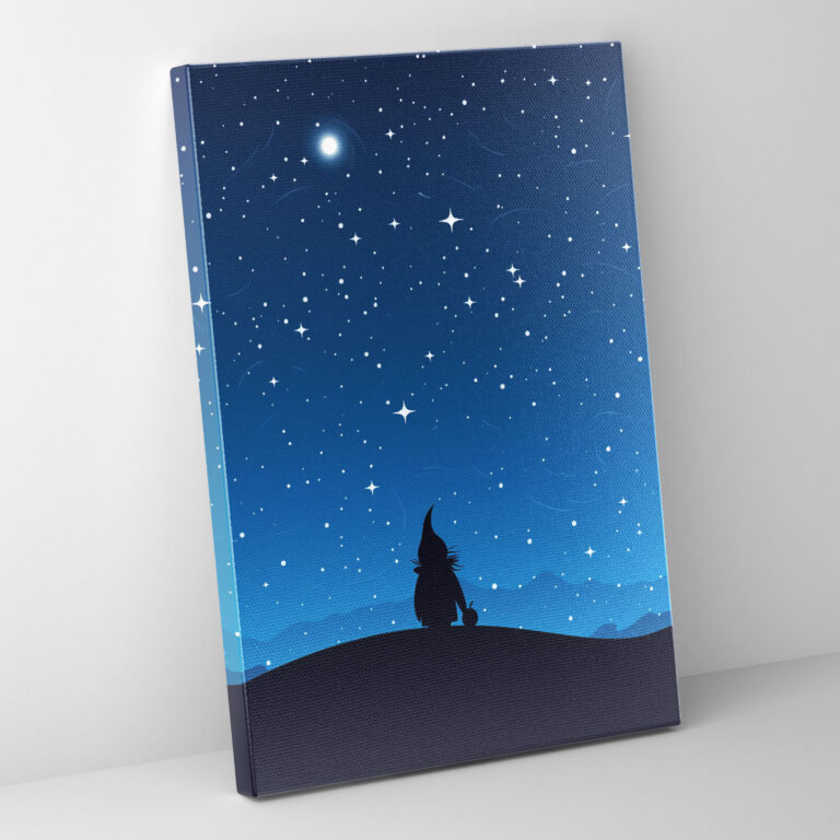 Starry Night Gnome Canvas Print - Gnome, Dreamy Ambiance, Starry Night Sky, Moon Backdrop