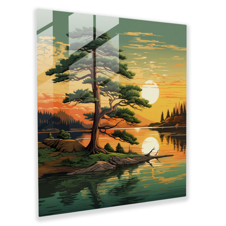 Green Pine Tranquil Glass Print - Green Pine, Home Decoration, Glass Print, Sunset