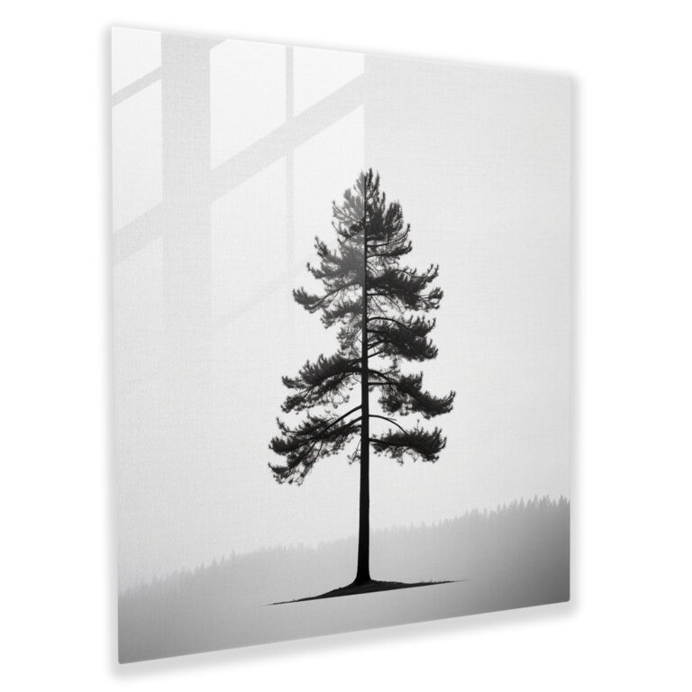 Green Pine Minimalist Glass Print - Green Pine, Black And White, Wall Decoration, Glass Art