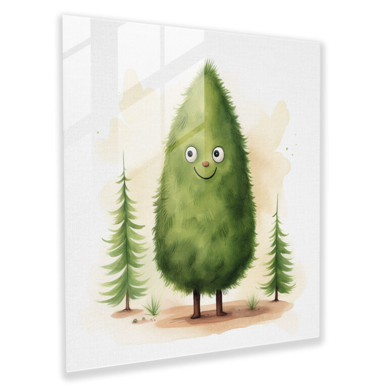 Green Pine Whimsical Glass Print - Green Pine, Green Pine, Glass Print, Friendly Character