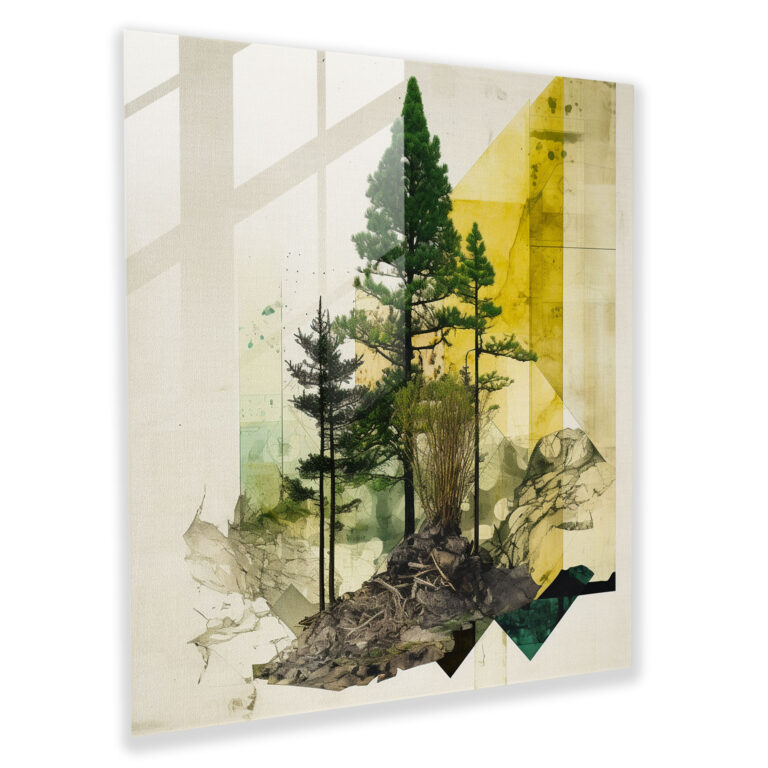 Abstract Pine Tree Collage Glass Print - Green Pine, Abstract Elements, Collage Artwork, Modern Art