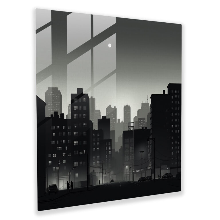 Gray Cityscape Dusk Glass Print - Gray, Glass Wall Art, Illustration, Modern Art