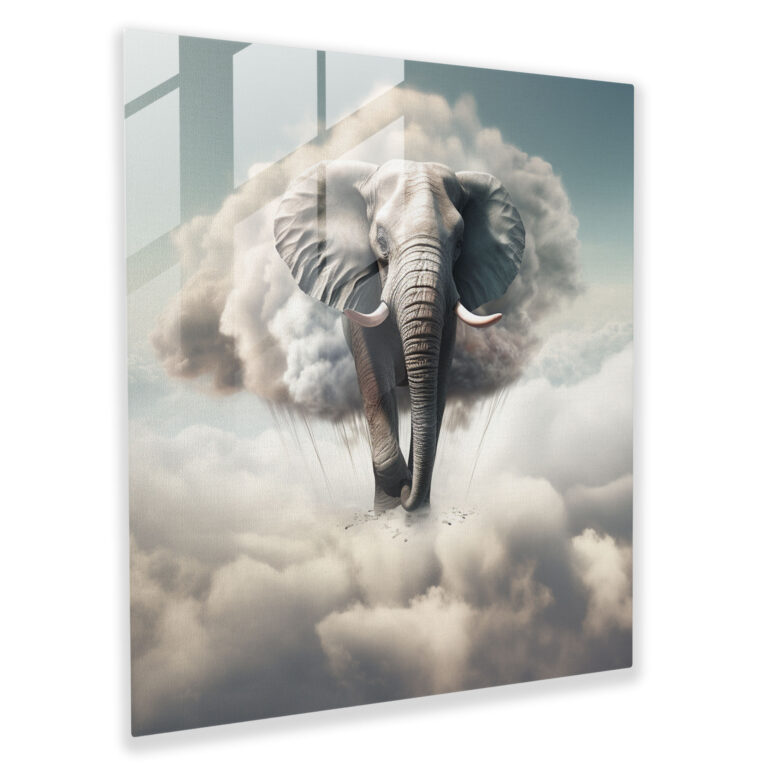 Floating Gray Elephant Glass Print - Gray, Home Decoration, Glass Wall Art, Glass Print