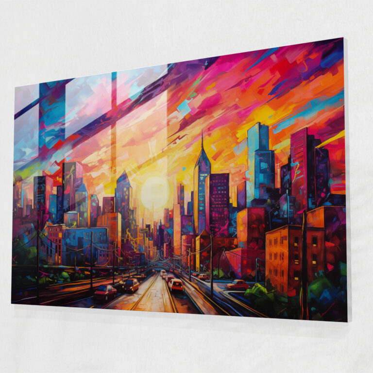 Graffiti Glass Print - City Skyline At Sunset - Graffiti, City Skyline, Home Decoration, Wall Decoration