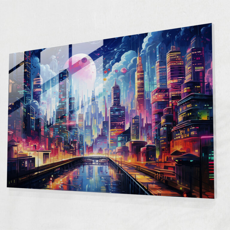 Urban Graffiti Glass Print - Futuristic Cityscape - Graffiti, Neon Lights, Modern Art, Wall Decoration
