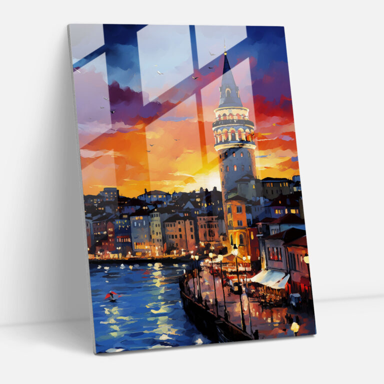 Dynamic Galata Tower Glass Print - Galata Tower, Cityscape, Modern Art, Wall Decoration
