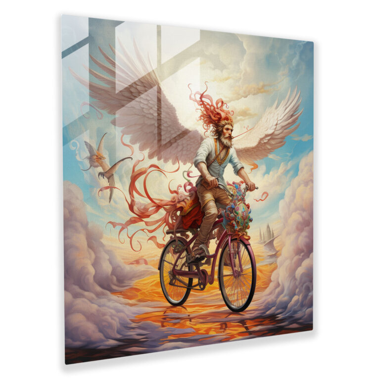 Hermes Glass Print - Whimsical Winged Bicycle Glass Wall Art - Hermes, Glass Wall Art, Sense Of Wonder, Playful