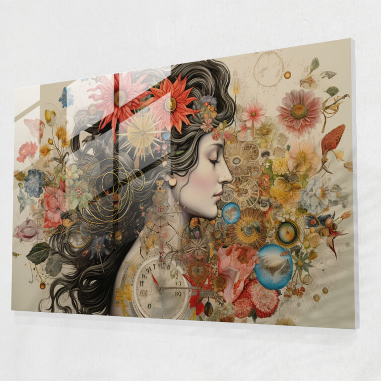 Astro Floral Collage Glass Print - Horoscope, Whimsical Collage Artwork, Harmonious Composition, Glass Print