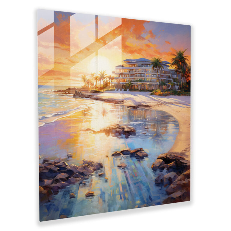 Sunset Serenity Glass Print - Hotel, Modern Art, Beachfront, Home Decoration