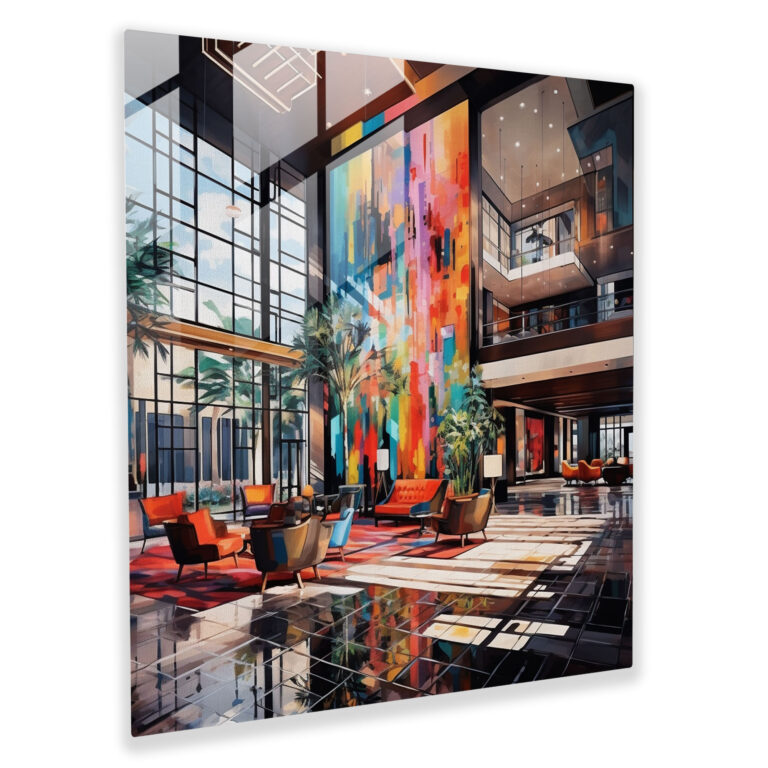 Hotel Glass Print - Abstract Vibrant Lobby - Hotel, Wall Decoration, Glass Print, Abstract Painting