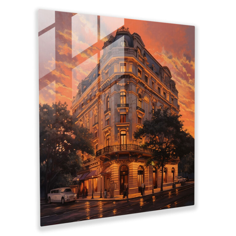 Hotel Glass Print - Sunset Facade - Hotel, Modern Art, Glass Wall Art, Home Decoration