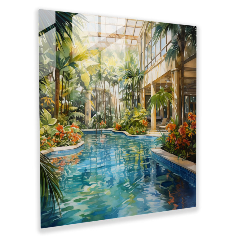 Hotel Glass Print - Tropical Pool - Hotel, Realistic Watercolor Artwork, Glass Wall Art, Hotel