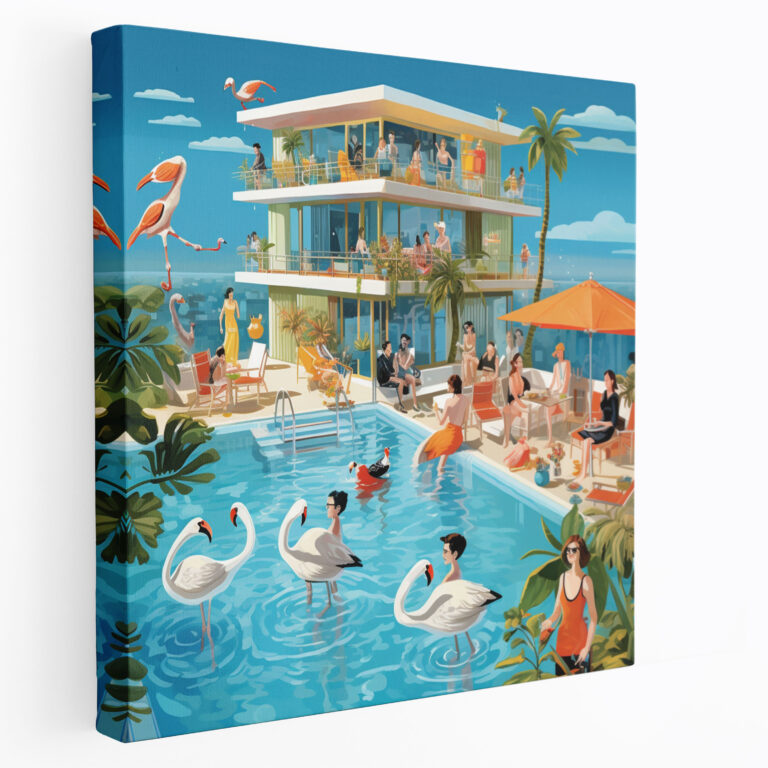 Hotel Poolside Play Canvas Print - Hotel, Playful Scene, Wall Art, Canvas